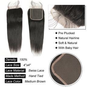 Long Straight Human Hair Bundles with Closure