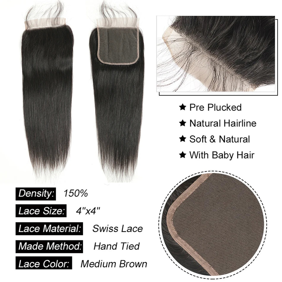 Long Straight Human Hair Bundles with Closure